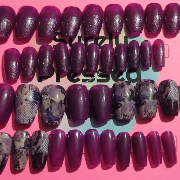 2 Sets -Purple Shimmer and Purple Abstract Design Short Coffin Press on Nails - Picture 2 of 2